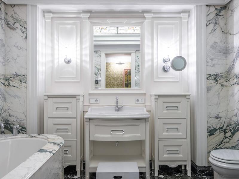 Marble walk-in shower with frameless glass, Southern Village bathroom by Ridgeway