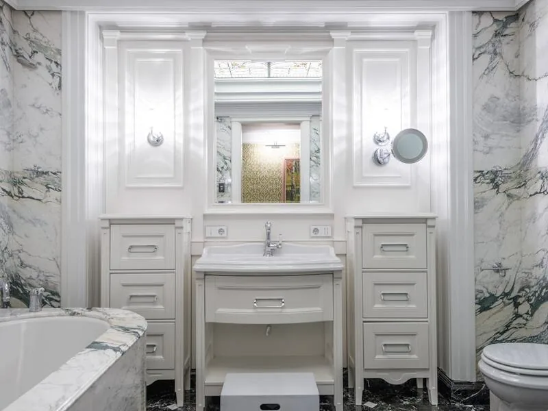 Marble walk-in shower with frameless glass, Southern Village bathroom by Ridgeway