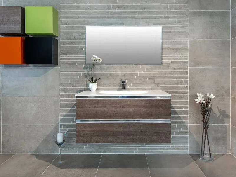 Elegant bathroom with floating vanity and large-format tile, Meadowmont hall bath by Ridgeway